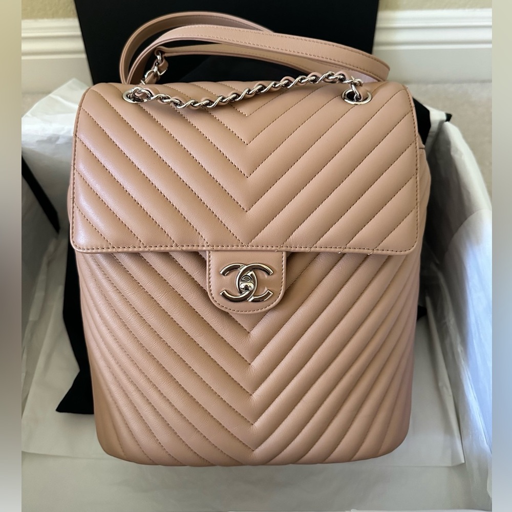 Chanel Large Urban Spirit Backpack Chevron beige